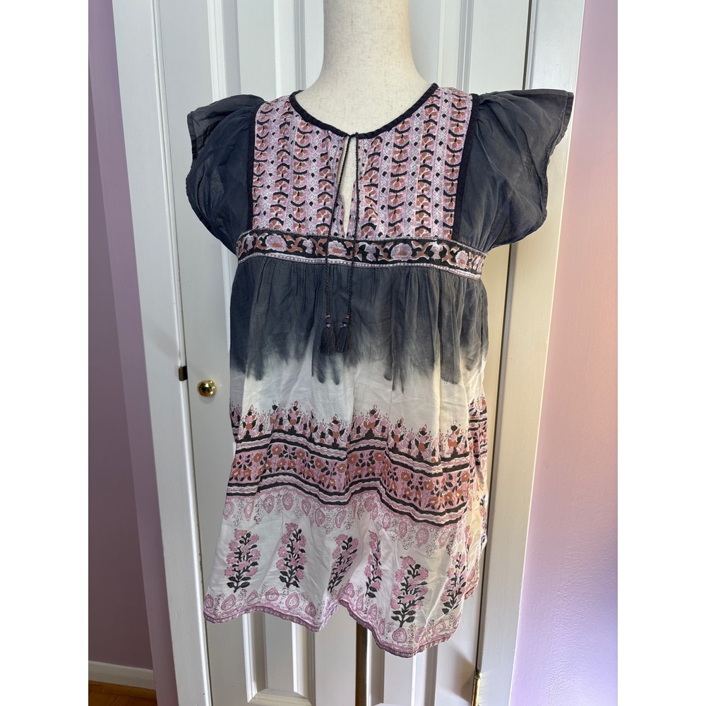 Ulla Johnson Tie Dye Floral Block Print Flutter Sleeve Tassel Boho Top Pink Blue